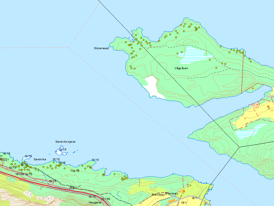 7 OMRÅDE 2, SANDVIKSKJERET OG VÅGSÅSEN L5. Grønenga (gravrøyser). L3. Sandvikskjeret (steinalder). L4. Vikåkeren (steinalder). SANDVIKSKJERET - BRANDSØY gbnr.