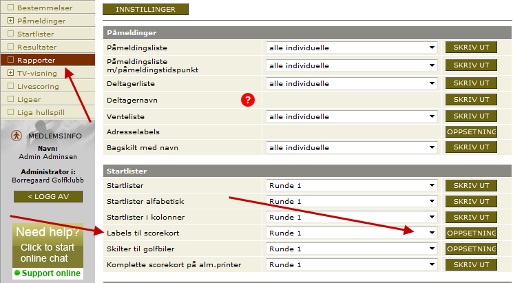 Etiketter til scorekort Muligheten for å skrive ut etiketter til scorekort (for de klubber som ikke har GolfBox Scorekort Modul)