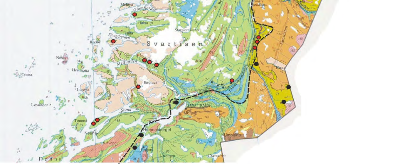 Figur 19. Geologisk kart over Nordland som viser fordelingen av klebersteinsforekomster som er undersøkt for metamorft dannete asbestifome mineraler.