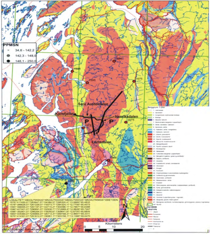 5. Siden de fleste av de geokjemiske anomaliene av spesialmetaller opptrer langs ytterkontakten av batolittmassivet er det sannsynlig at pegmatttene i kontaktsonen er kilden til spesialmetallene.