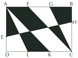 10) Je daný obdĺžnik ABCD, pričom platí : AF = FG = GB = CK = KL = LD = 3 m, BH = ED = 2 m a AE = 4 m. Koľko m 2 zaberajú spolu čierne útvary?