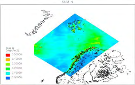 For Norge viser beregningene at årlig bakgrunnsavsetning (uten petroleumsvirksomhet i utredningsområdet) er opptil ca. 400 mg(n)/m 2 i Nordland og avtar nordover til ca.