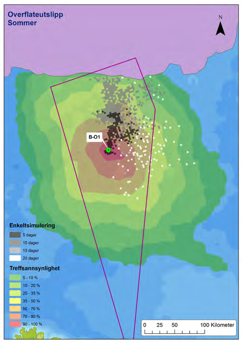 Det store omfanget av modellering gir et robust grunnlag for å kunne vurdere sannsynlighet for at olje fra en utblåsning innenfor utredningsområdet skal treffe et gitt område.