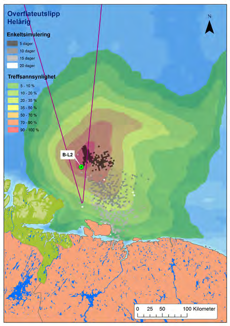 Figur 6-3: Utbredelse for et enkeltutslipp fra lokalitet B-L1 i sommersesong (venstre), og lokalitet B-L2 med startdato april 2001 (høyre), forventet utslippsvarighet fem dager (og følgetid 15 dager)