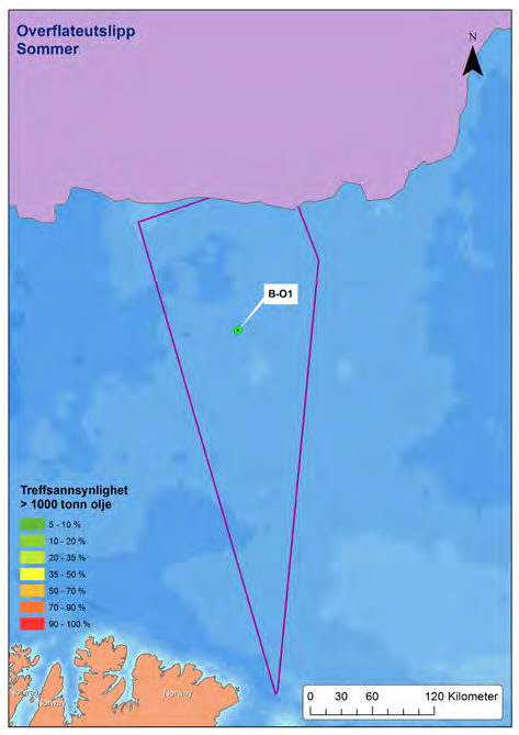 Figur 6-4: Sannsynlighet for en gitt oljemengde for hver rute innen influensområdet for lokasjon B-01.