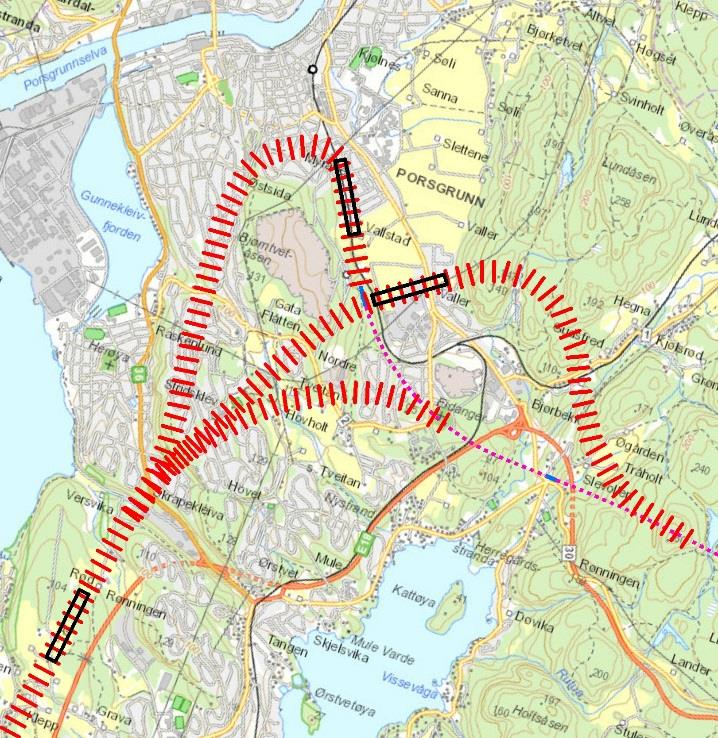 5.2.3 Konsept Y3 og Y4 I medvirkningsmøtet i Porsgrunn i september 2015 ble det skissert tre mulige stasjonsløsninger for en ytre korridor: Ny stasjon sør for dagens Porsgrunn stasjon (Alt Y.