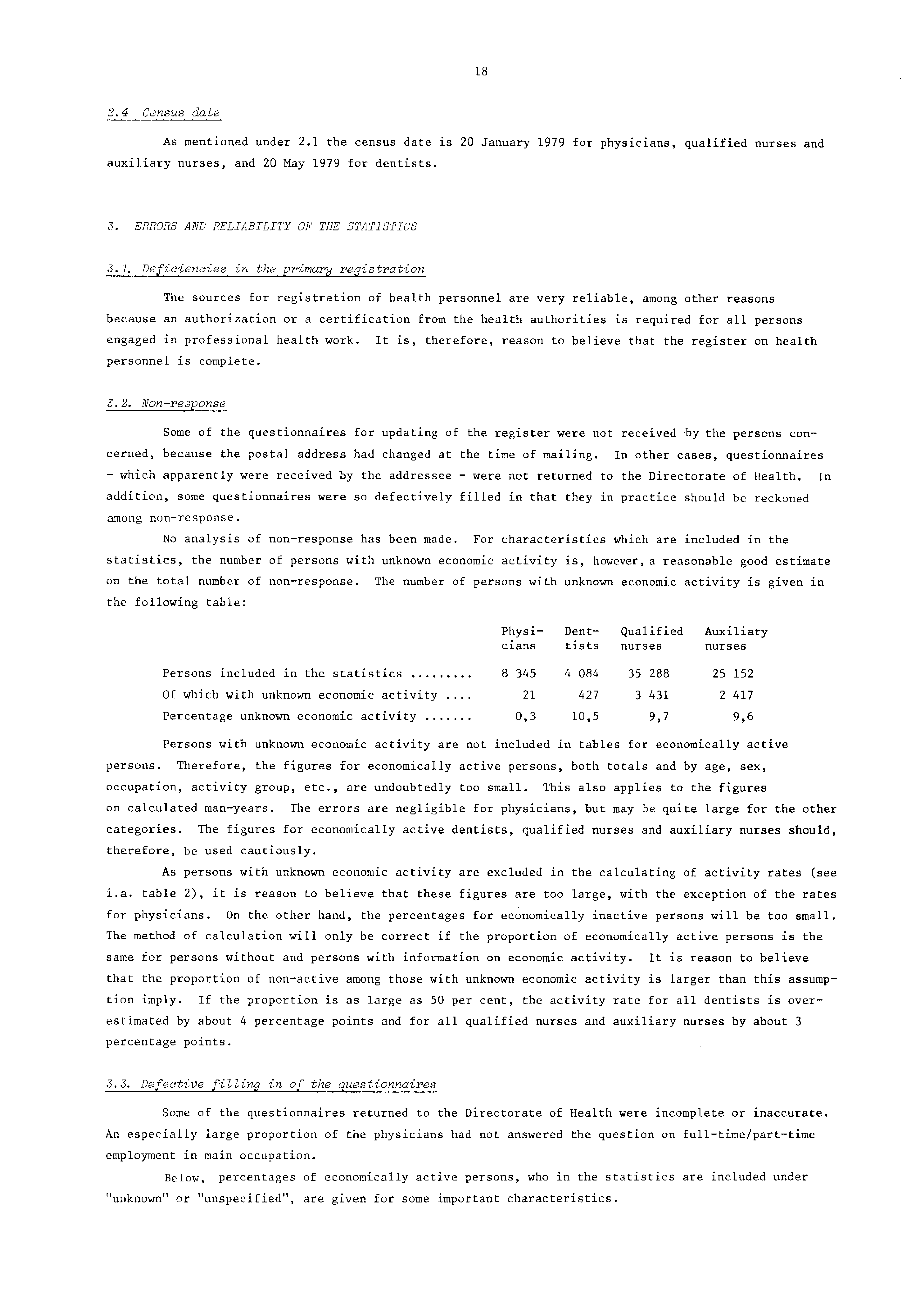 . Census date As mentioned under. the census date is 0 January for physicians, qualified nurses and auxiliary nurses, and 0 May for dentists.. ERRORS AND RELIABILITY OF THE STATISTICS.. Deficiencie c.