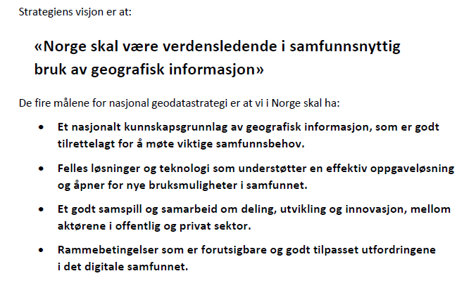 Utkastets visjon og må innenfor de 4 hovedområdene er: Fylkesgeodatplanen for Hedmark og Oppland beskriver mål og tiltak som passer godt inn i denne strategien. 2.