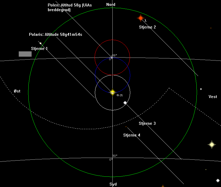 Stjerneprogrammet SkyMap viser synsfeltet (grønn ring; 3g23m) for søkekikkerten (SkyWatcher) når 26mm okularet benyttes.