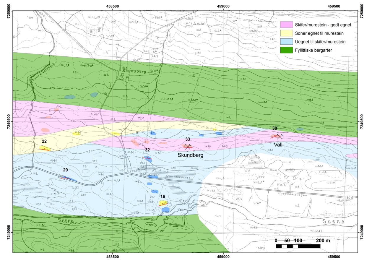 Figur 9: Geologien i området Skundberg-Valli. Utsnitt fra kartet i vedlegg. Blotninger er vist som mindre avgrensede felter med farge. 3.