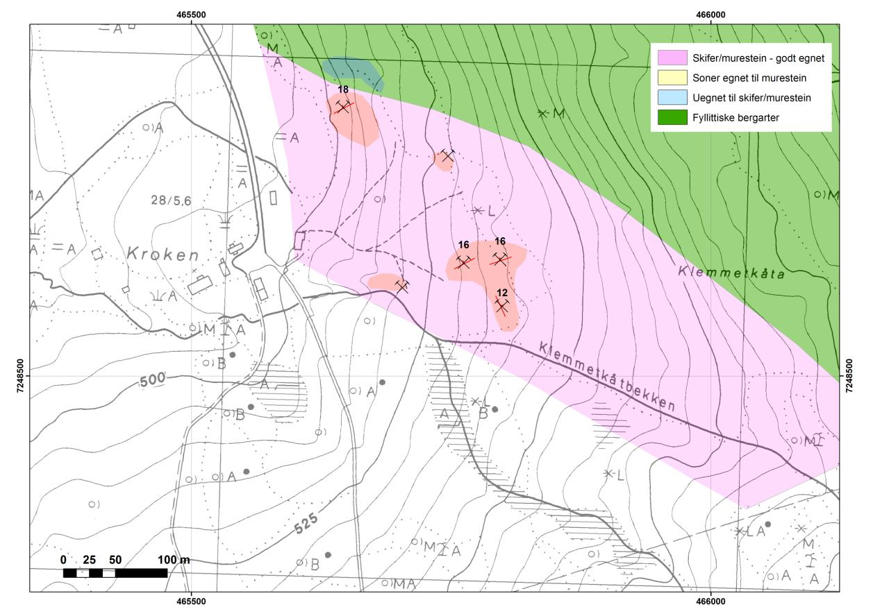 3.8 Kroken Figur 20: Geologien i området øst for gården Kroken. Utsnitt fra kartet i vedlegg. Blotninger er vist som mindre avgrensede felter med farge.