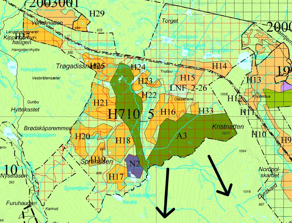 Utsnitt av kommuneplanen. De farga områdene (gult, grønt og lilla) viser planområdet med de ulike arealinndelingene. Etter vedtak i kommunestyre 3.12.