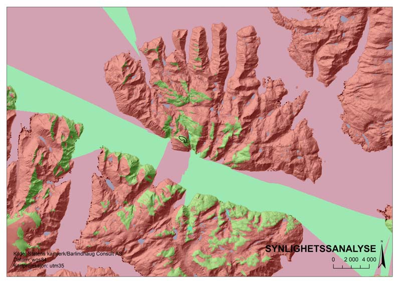 26 North Cape Minerals AS «Utvidelse av dagbrudd for nefelinsyenitt på Stjernøya» 6.6.2 Virkninger av tiltaket Synlighetsanalyse Basert på en digital terrengmodell er det gjennomført en synlighetsanalyse.