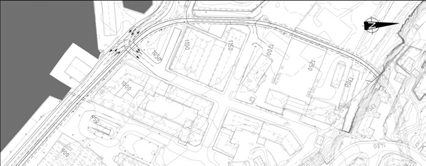 Figur 48: Føring inntil bebyggelsen på Bryggen og inn Bradbenken og over Koengen Spesielle utfordringer er: