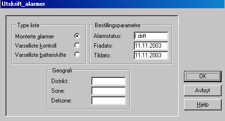 12.3 Alarmer i drift (Oversikt over aktive alarmer) Du finner spørrebildet ved å velge fra rullegardinmenyen; Ajourhold -> Trygghetsalarm -> Alarmer i drift Bildet viser alle alarmer som er i drift