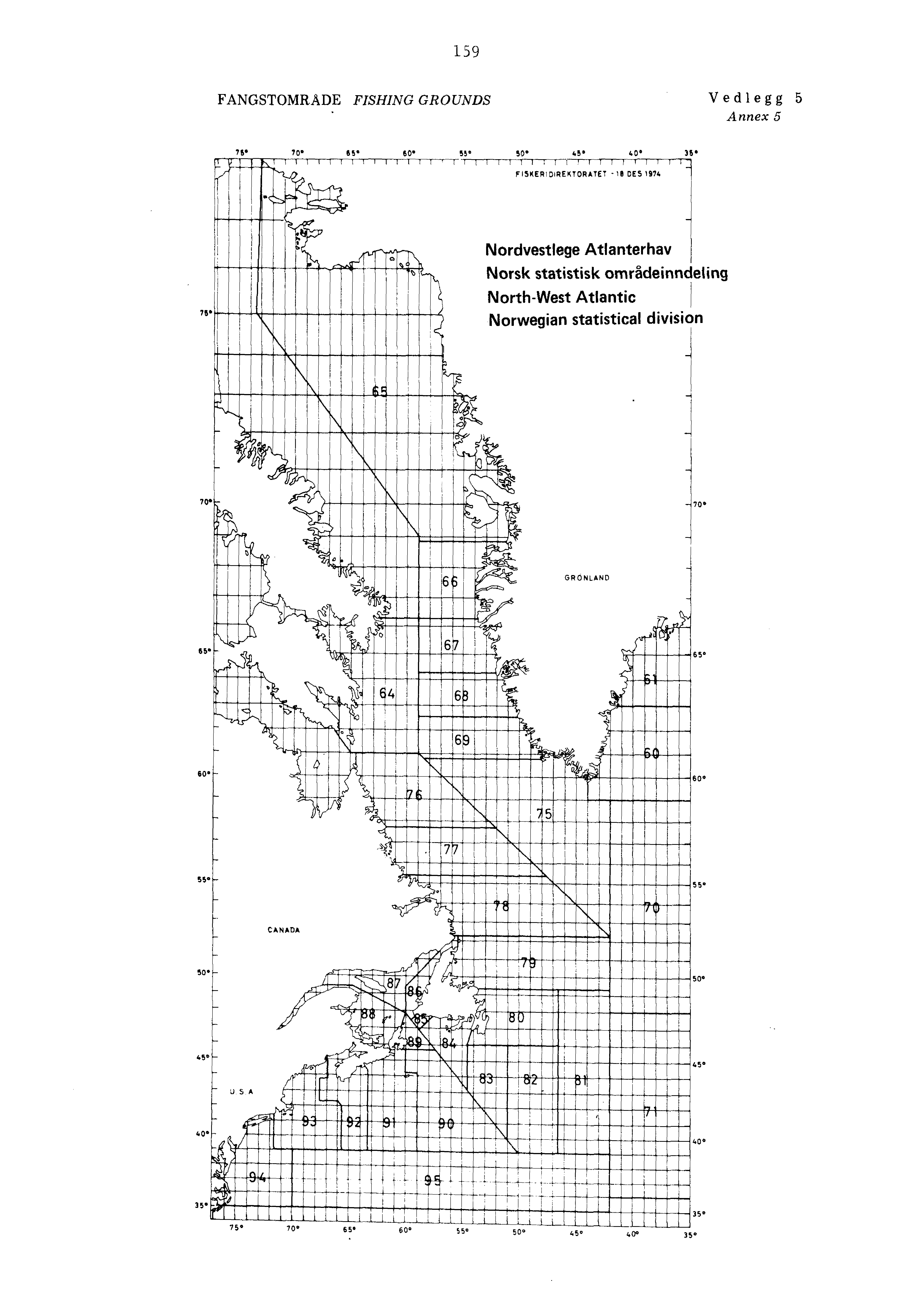 159 FANGSTOMRADE FISHING GROUNDS Vedlegg 5 Annex 5 76. 70. 65. 60 55 50. 45 40 36* ITTIT FISKERIDIREKTORATET -18 DES 1974 715.