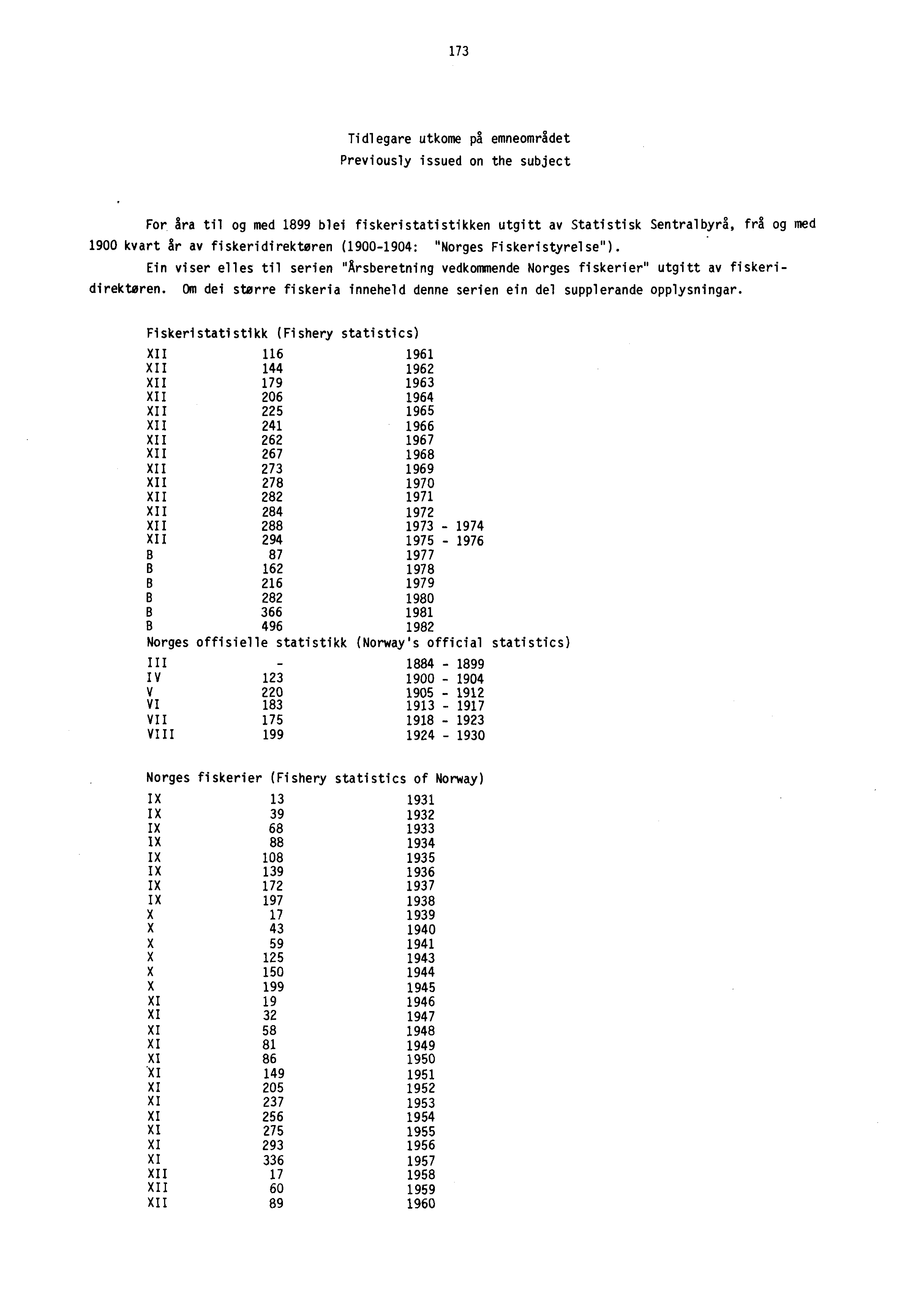 173 Tidlegare utkome på emneområdet Previously issued on the subject For Ara til og med 1899 blei fiskeristatistikken utgitt av Statistisk Sentralbyrå, frå og med 1900 kvart år av fiskeridirektøren