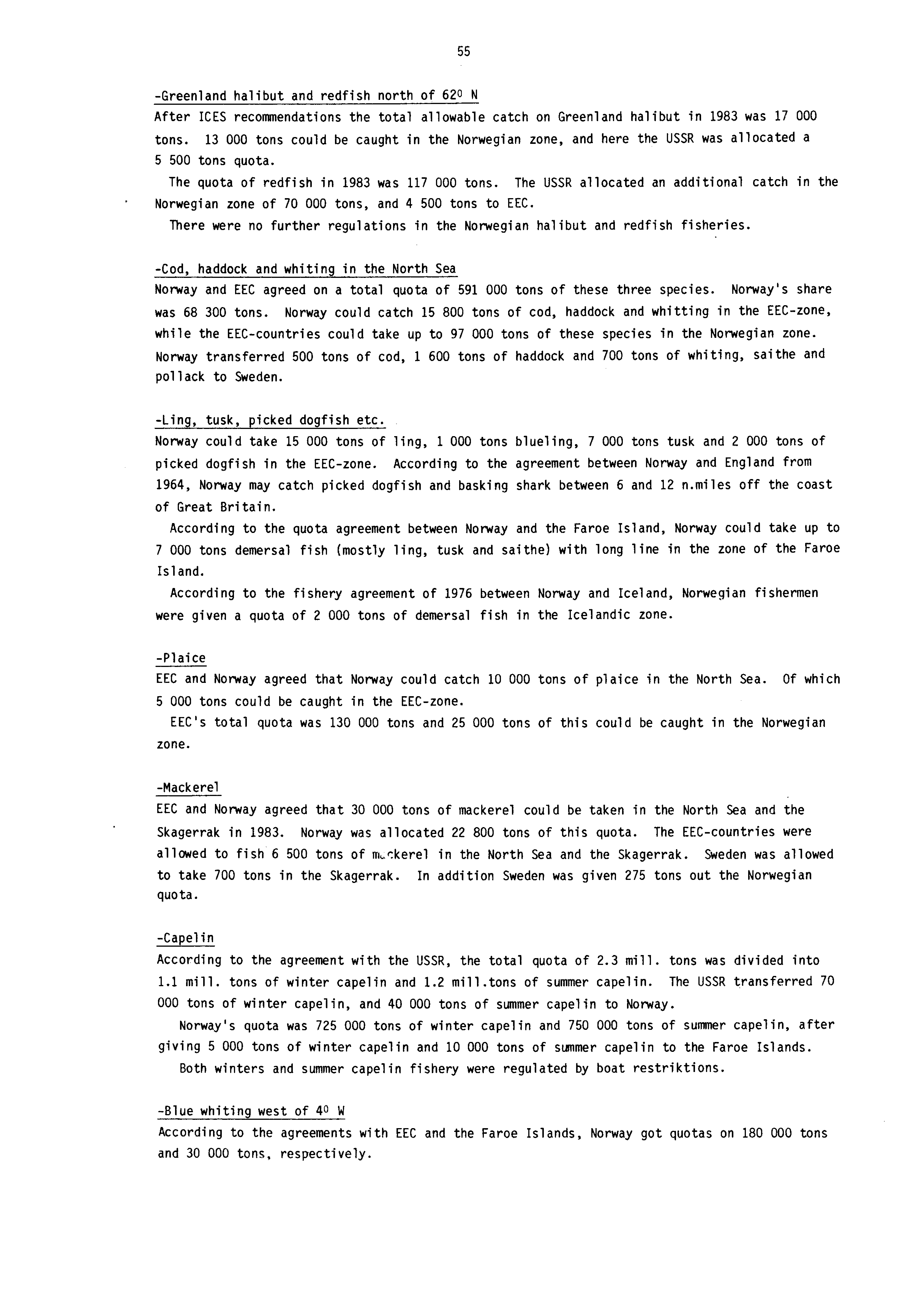 55 -Greenland halibut and redfish north of 620 N After ICES recommendations the total allowable catch on Greenland halibut in 1983 was 17 000 tons.