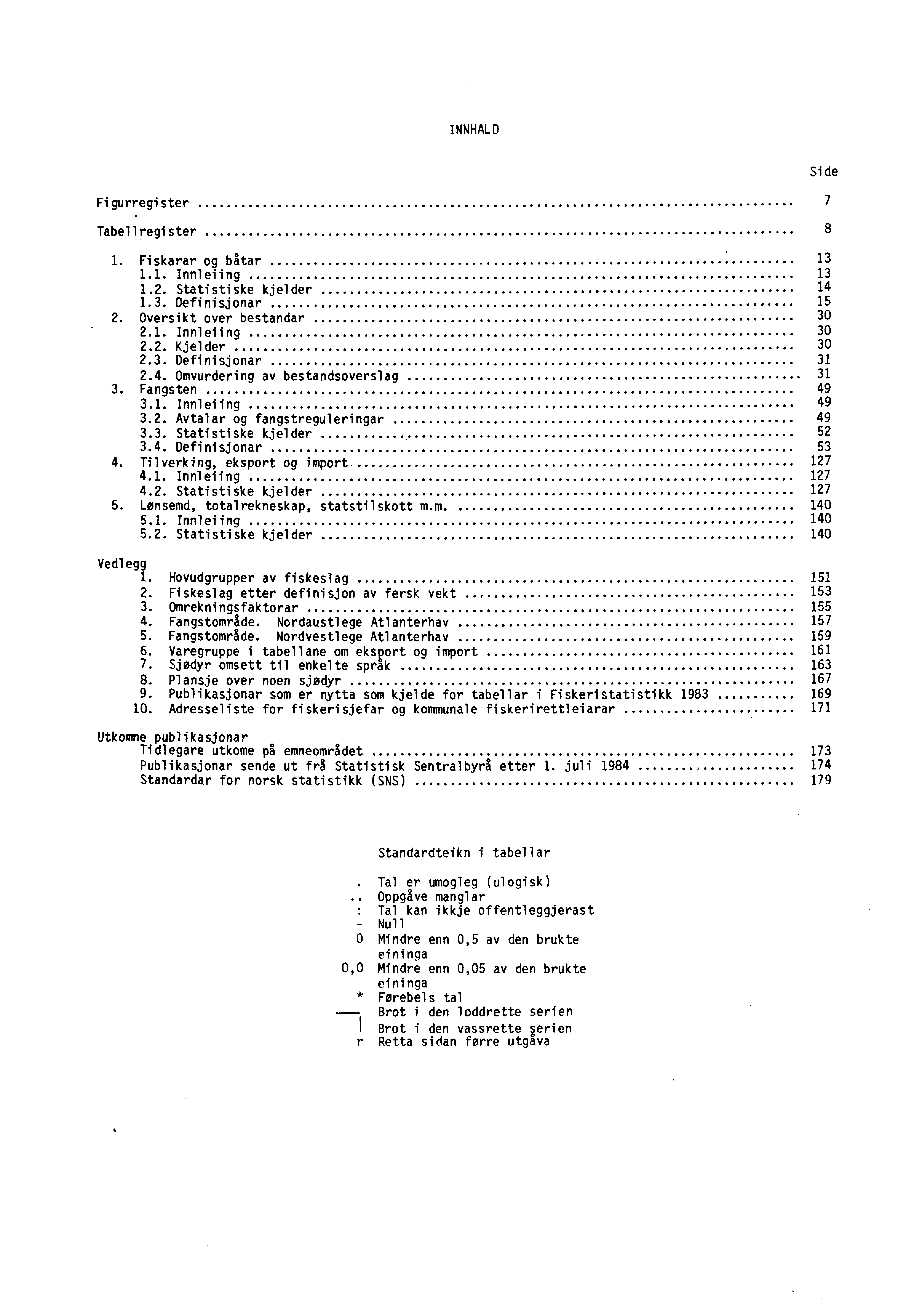 INNHALD Side Figurregister Tabellregister 1. Fiskarar og båtar 1.1. Innleiing 1.2. Statistiske kjelder 1.3. Definisjonar 2. Oversikt over bestandar 2.1. Innleiing 2.2. Kjelder 2.3. Definisjonar 2.4.