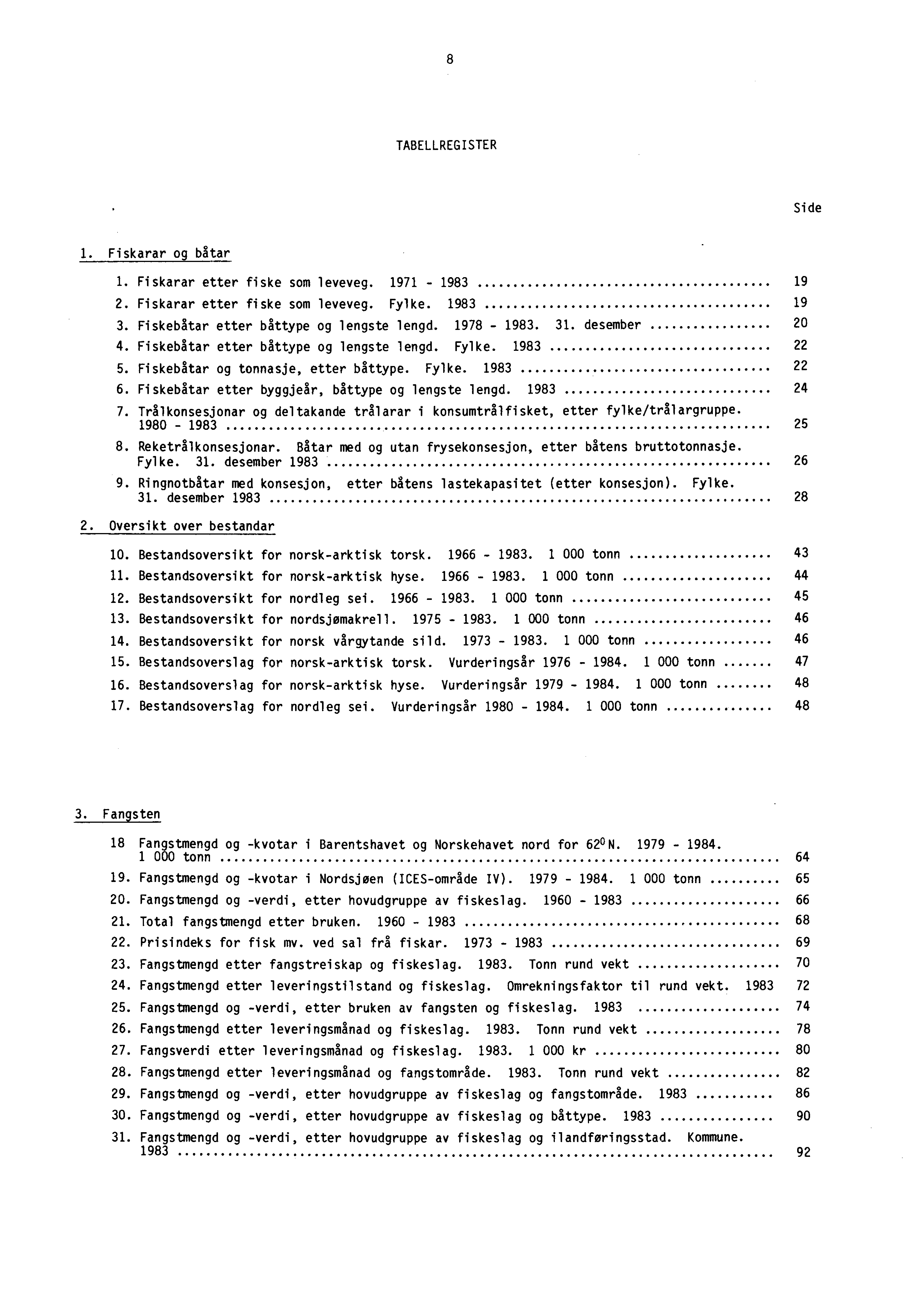 8 TABELLREGISTER Side 1. Fiskarar og båtar 1. Fiskarar etter fiske som leveveg. 1971-1983 19 2. Fiskarar etter fiske som leveveg. Fylke. 1983 19 3. Fiskebåtar etter båttype og lengste lengd.