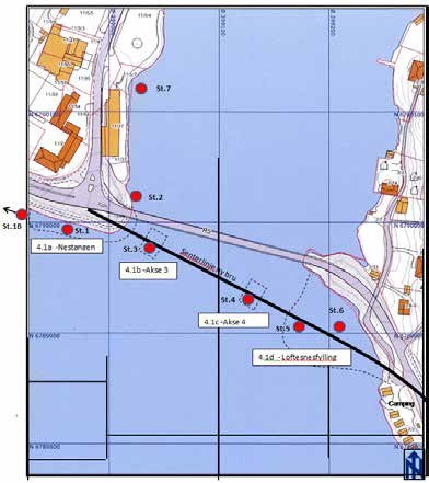 Oversiktskart for utfylling i samband med bygging av ny bru over Loftesnessundet. Figur 1. Stasjonskart.