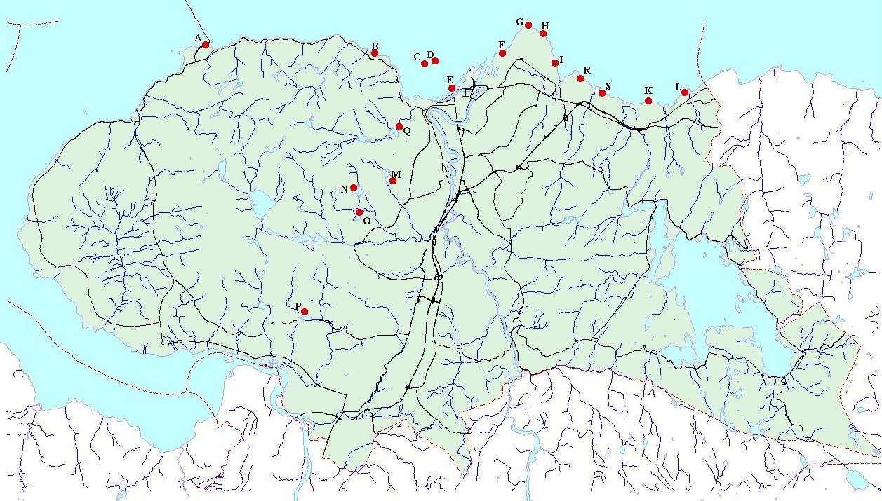 A Flakk camping B Brennebukta C Munkholmen vest D Munkholmen øst E St.