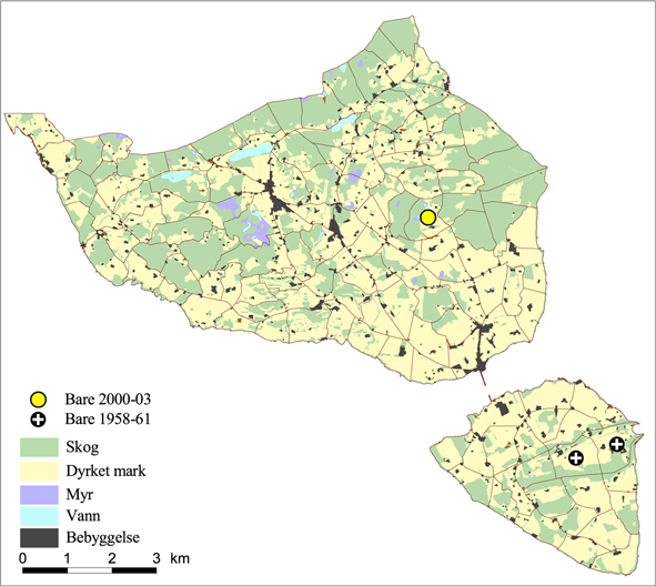 Asle Bruserud og Anders Often ssp. hypophegea Figur 6 (til venstre). Utbredelsen for snau vaniljerot på Nes i 1958 61 og i 2000 04. (left) The distribution of M. h. subsp.