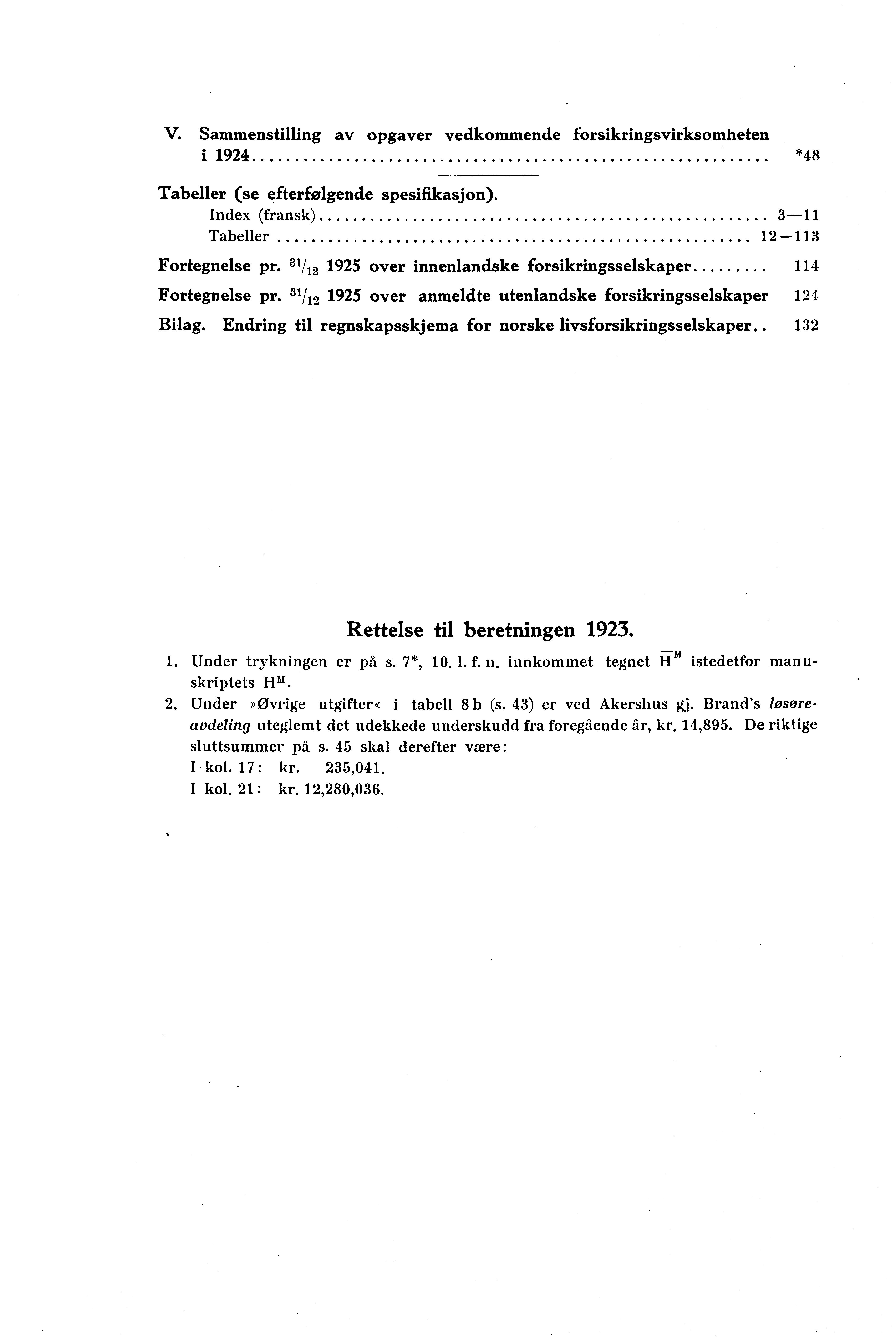 V. Sammenstilling av opgaver vedkommende forsikringsvirksomheten i *48 Tabeller (se efterfølgende spesifikasjon). Index (fransk) 3--11 Tabeller 12-113 Fortegnelse pr.