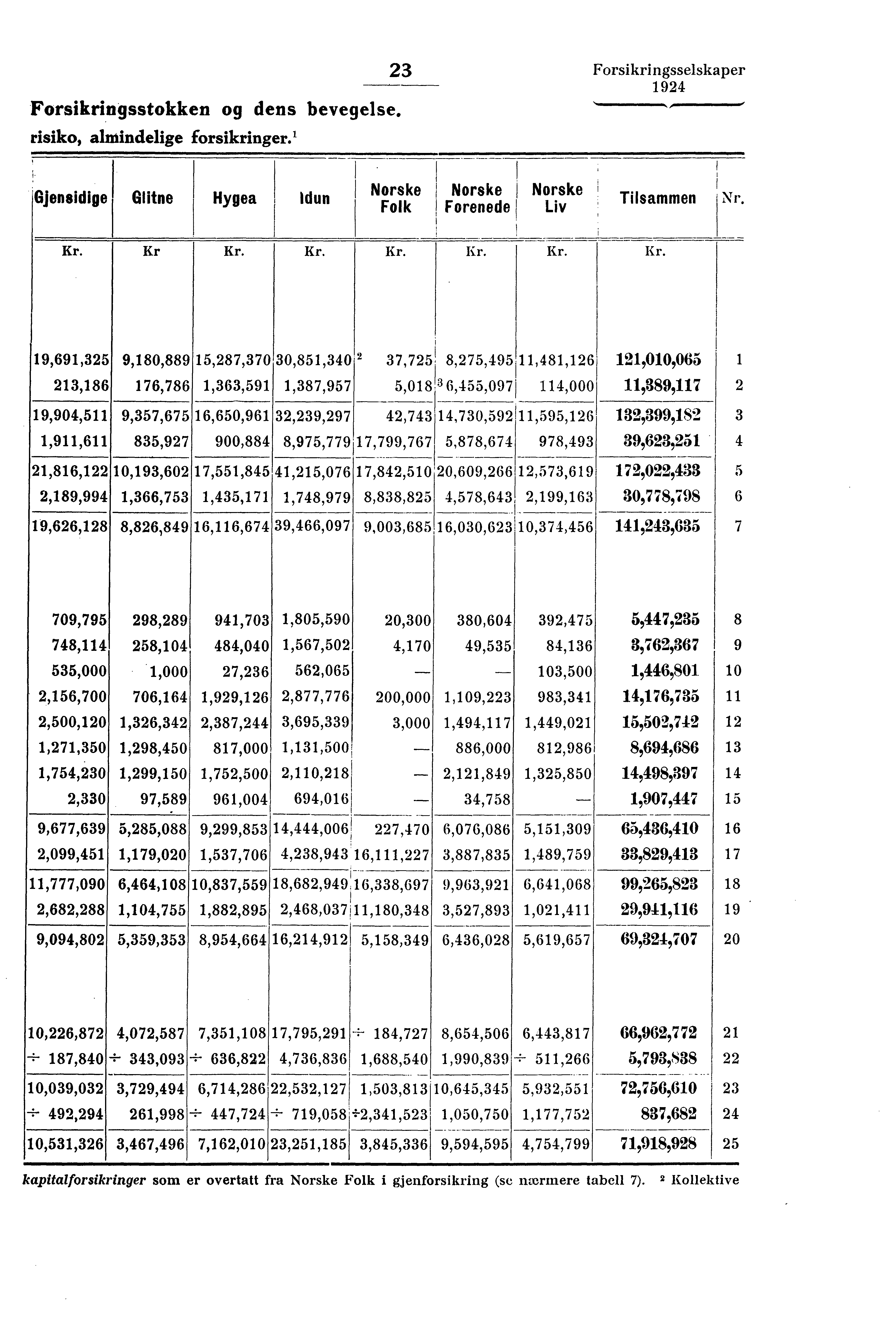 , 23 Forsikringsselskaper Forsikringsstokken og dens bevegelse. risiko, almindelige forsikringer.' Gjensidige Glitne Hygea Idun 1 Norse k Norske Folk Forenede Norske Liv Tilsammen Kr Nr.