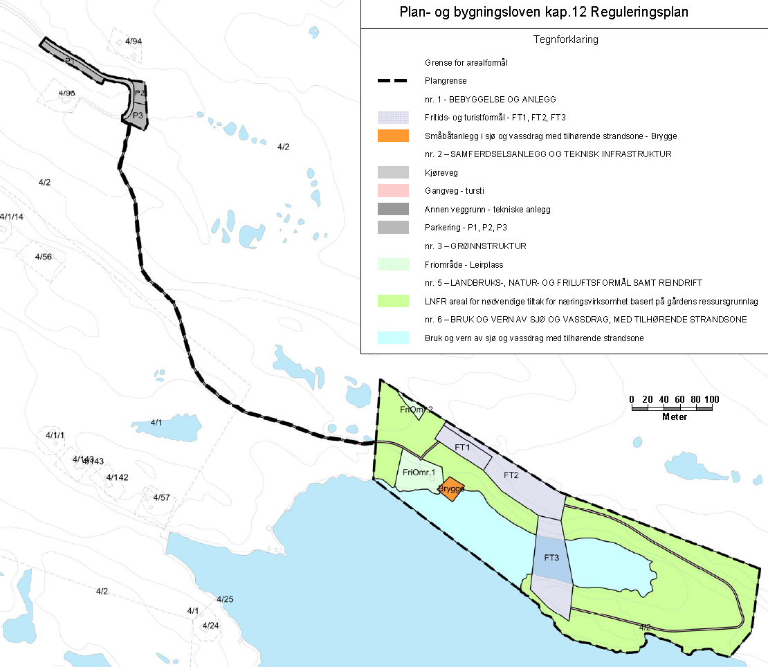 Forslag til plankart - med følgende arealbruk: - Parkeringsplasser P1 og P2 er forslag til areal for nye P-plasser til Langvatnet opplevelsesområde.