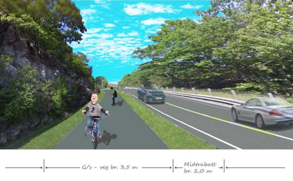 8 %. Fartsgrense på strekningen er 50 km/t. Eksisterende vegbredde er om lag 6,5 m.