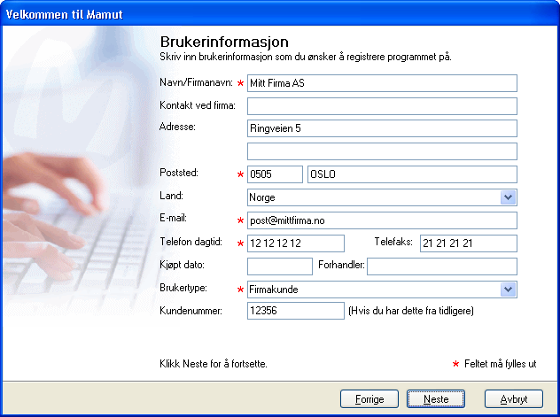 6. Angi om du har Internettilknytning på din datamaskin. Klikk Neste. 7. Fyll ut alle felter markert med en rød stjerne.