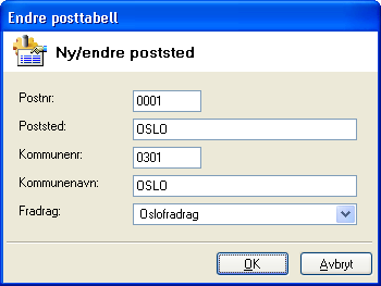 Posttabell Når du klikker på knappen Posttabell, åpnes en liste med oversikt over postnumre og kommuner i Norge.