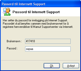 Passord til Internett Support Hvis du vil registrere supporthenvendelser på Internett gjennom din vanlige nettleser i stedet for via Mamut Information Desk er du nødt til å taste inn