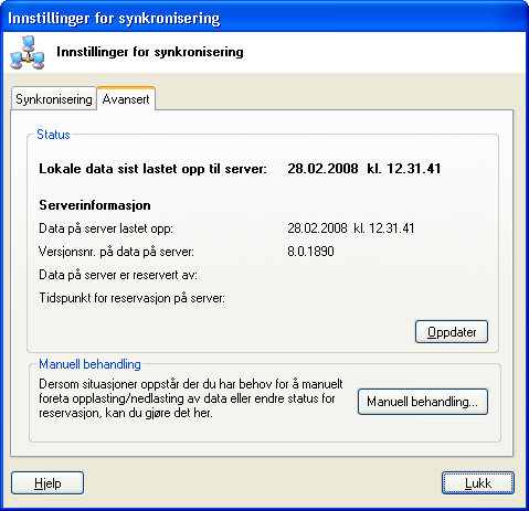 Manuell behandling Det er ved daglig bruk og synkronisering ikke meningen at man skal gjøre noe manuelt utover å bekrefte at man ønsker å synkronisere data ved avslutning og oppstart av programmet.