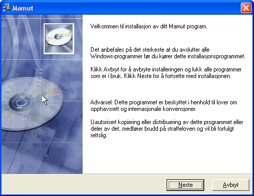 INSTALLASJON Installasjon av programfiler Følg disse stegene for å installere programmet på datamaskinen din. Hvordan installere programmet 1. Sett inn din Mamut-CD i CD-ROM spilleren.