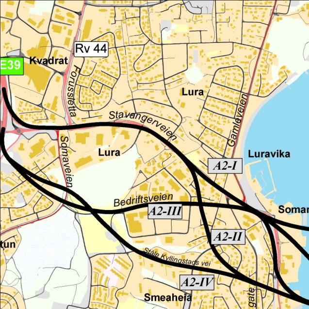 6.7 Delområde 1 Kvadratkrysset Kryssløsninger vil være avhengig av alternative traseer videre østover mot Gandsfjord bru samt hvordan atkomst til et utvidet Kvadratsenter og Forus sør løses.