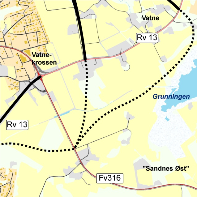 6.11 Dekommråde 5 Kobling til rv. 13 ved Vatne mulige veglinjer stiplet, da det ikke foreligger en nærmere vurdering av mulige traseer.