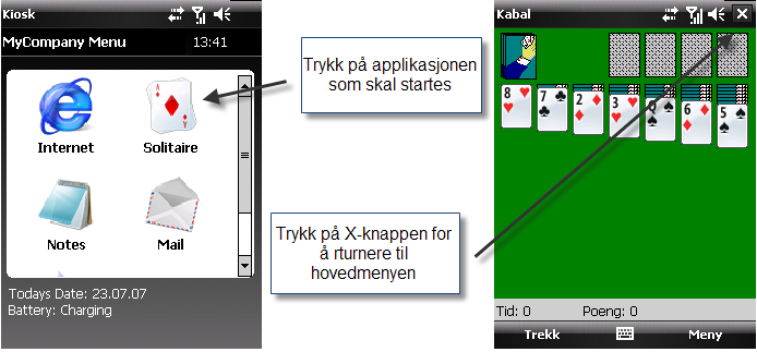 6.2. Navigering med Windows oppgavelinjemenyen deaktivert Trykk på en knapp for å starte en applikasjon. Trykk på Click to return for å returnere til KioskMode hovedmenyen. 6.2.1.