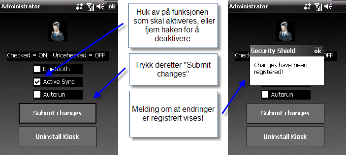 6.3.3. Administratorpanelet Administratorpanelet kan benyttes til å aktivere/deaktivere bluetooth, ActiveSync og autorun fra SD-minnekort, samt at det gir tilgang til å avinstallere KioskMode