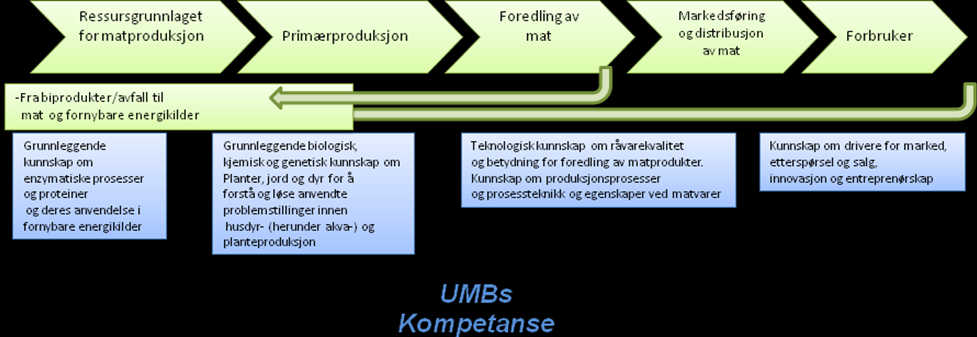 prosessering/foredling av råvarer, til forbruker og marked, og til sist fra avfall og restprodukt til ressurs og plussprodukt.