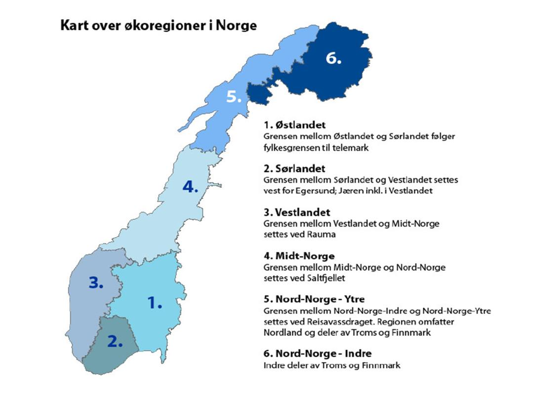 For ferskvann er norske vannforekomster gruppert i 6 økoregioner ut i fra klimatiske forhold og biogeografiske utbredelsesområder for ulike biologiske kvalitetselementer.
