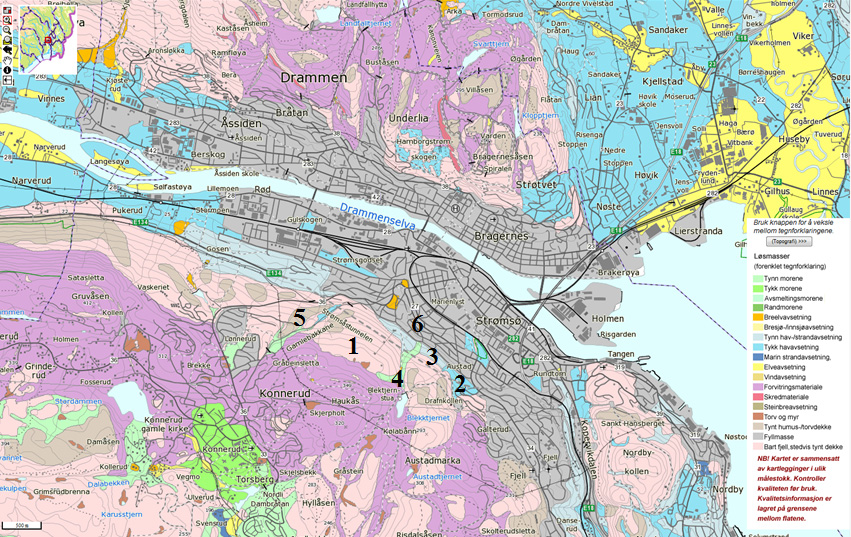 N Figur 5 Løsmassekart over området (www.ngu.no). Tabell 1 Tegnforklaring løsmassekart (www.ngu.no). Nr. Farge Bergart 1 Rosa Bart fjell.