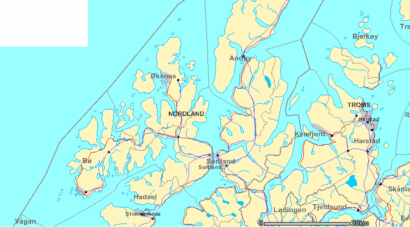 Figur 4.3 Kart over høyspentnettet Figur 4.3 viser kart over høyspentnettet. Høyspentnettet har en utstrekning på 858 km og har tilknyttet 660 nettstasjoner.