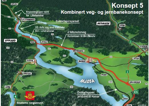 E6 Moelv Biri, kommunedelplan med KU for ny Mjøsbru 21 a) 4 felts motorveg i eksisterende trasé fra Kolomoen til Moelv/Biri og midtdeler videre til Lillehammer.