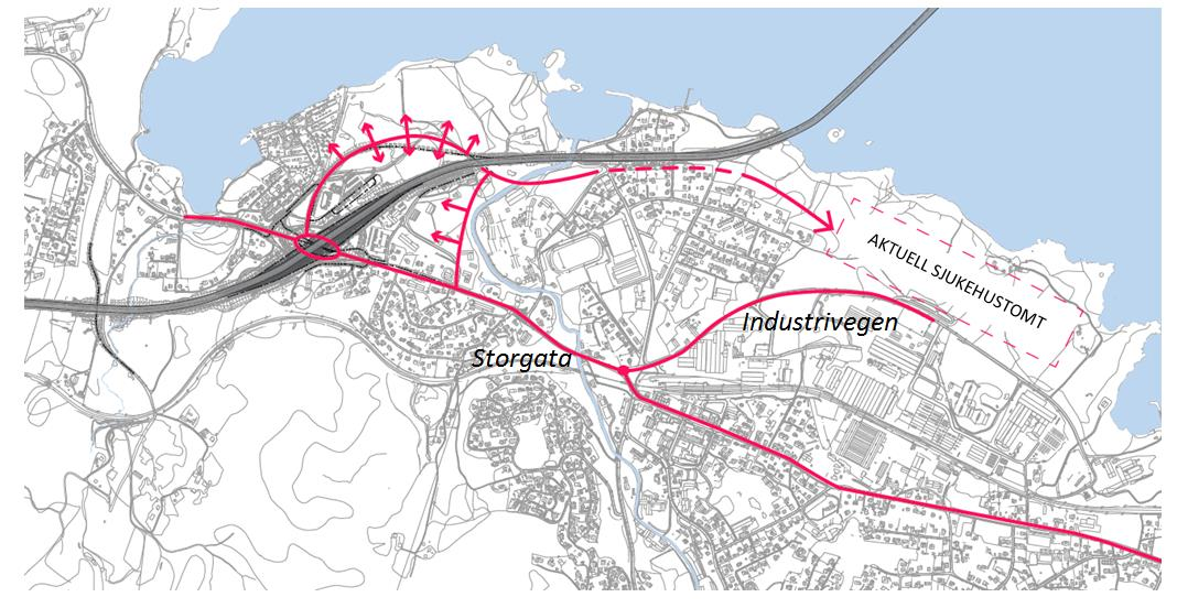 E6 Moelv Biri, kommunedelplan med KU for ny Mjøsbru 51 Figur 4-16: Skisse for mulige løsninger for nytt lokalvegsystem i Moelv.