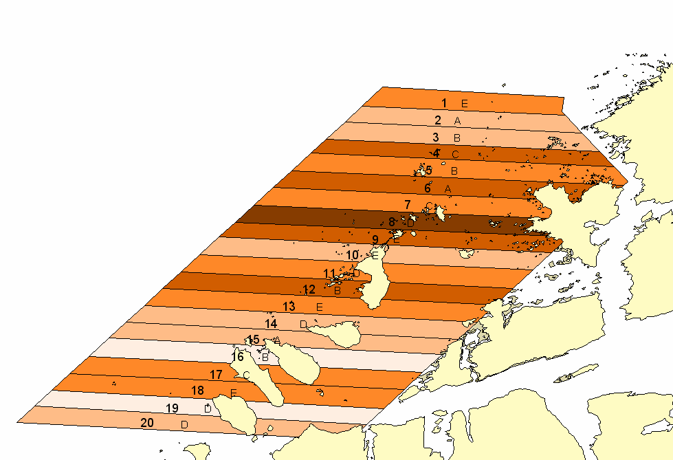 Figur 1. Modellområdet i Møre og Romsdal med oversikt over trålsonene og rapportert gjennomsnittlig fangst (tonn) i perioden 1985-2002 per sone i det trålte året (dvs hvert 5. år fra høsten 1988).