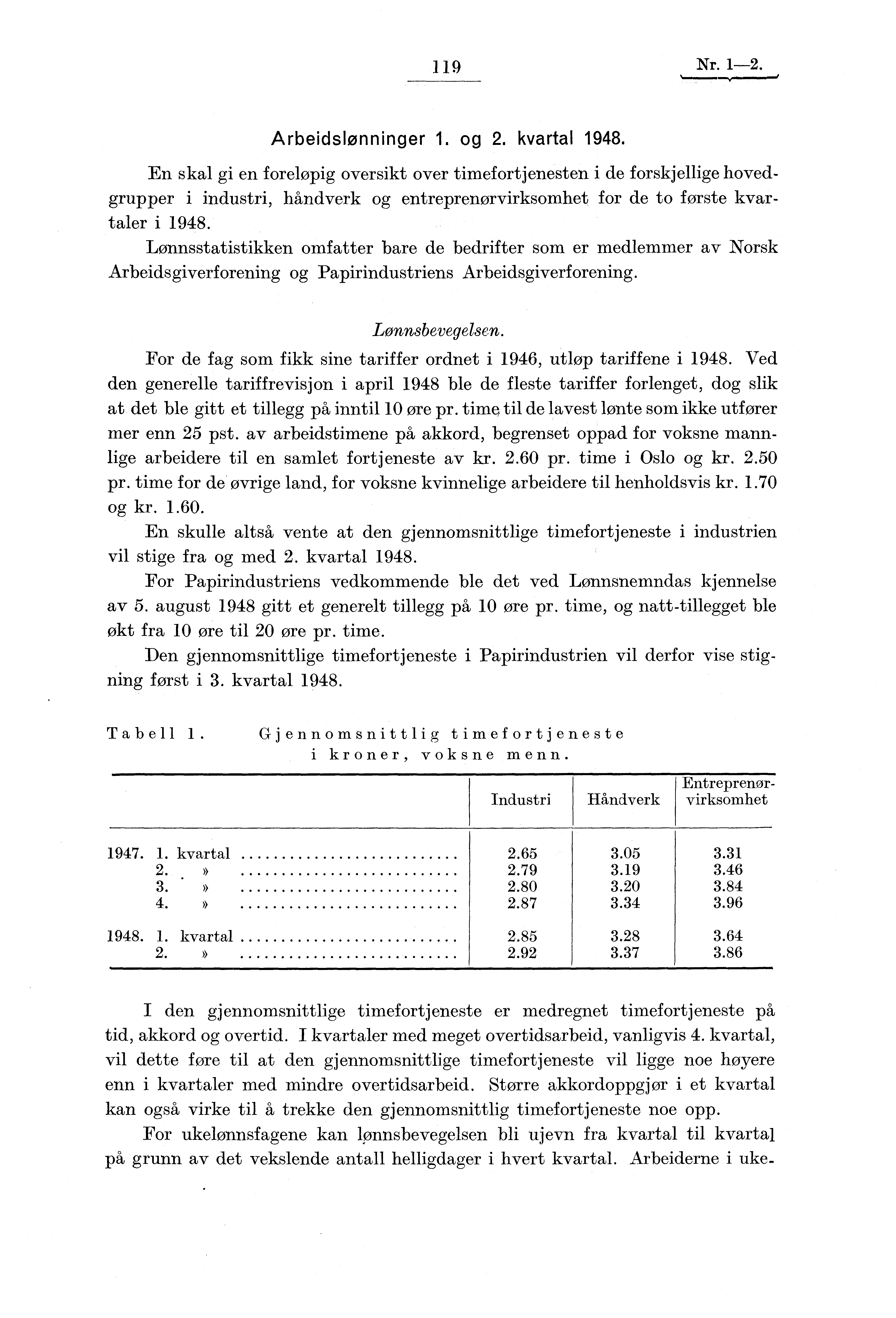 119 Nr. 1-2. Arbeidslønninger 1. og 2. kvartal 1948.