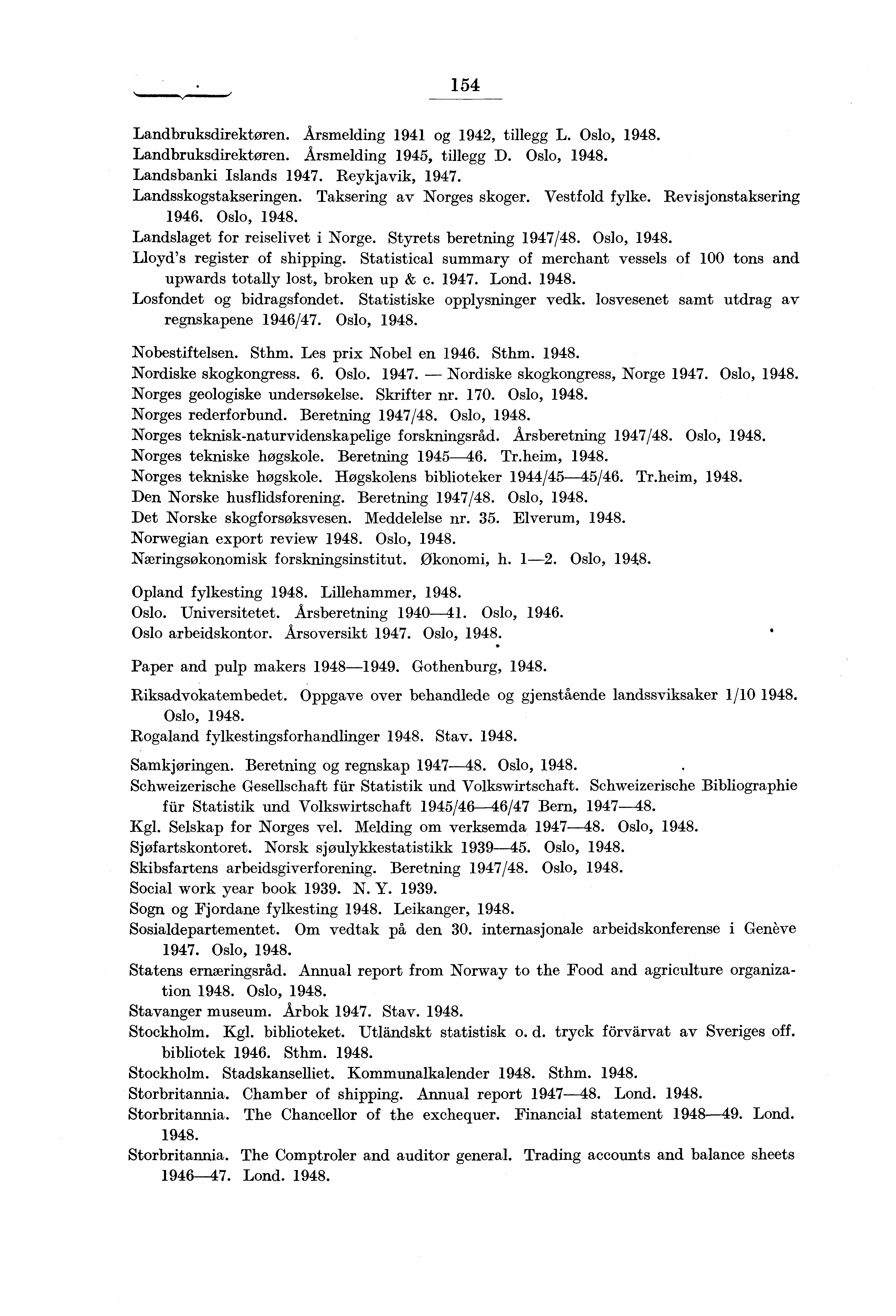 154 Landbruksdirektøren. Årsmelding 1941 og 1942, tillegg L. Oslo, 1948. Landbruksdirektøren. Årsmelding 1945, tillegg D. Oslo, 1948. Landsbanki Islands 1947. Reykjavik, 1947. Landsskogstakseringen.