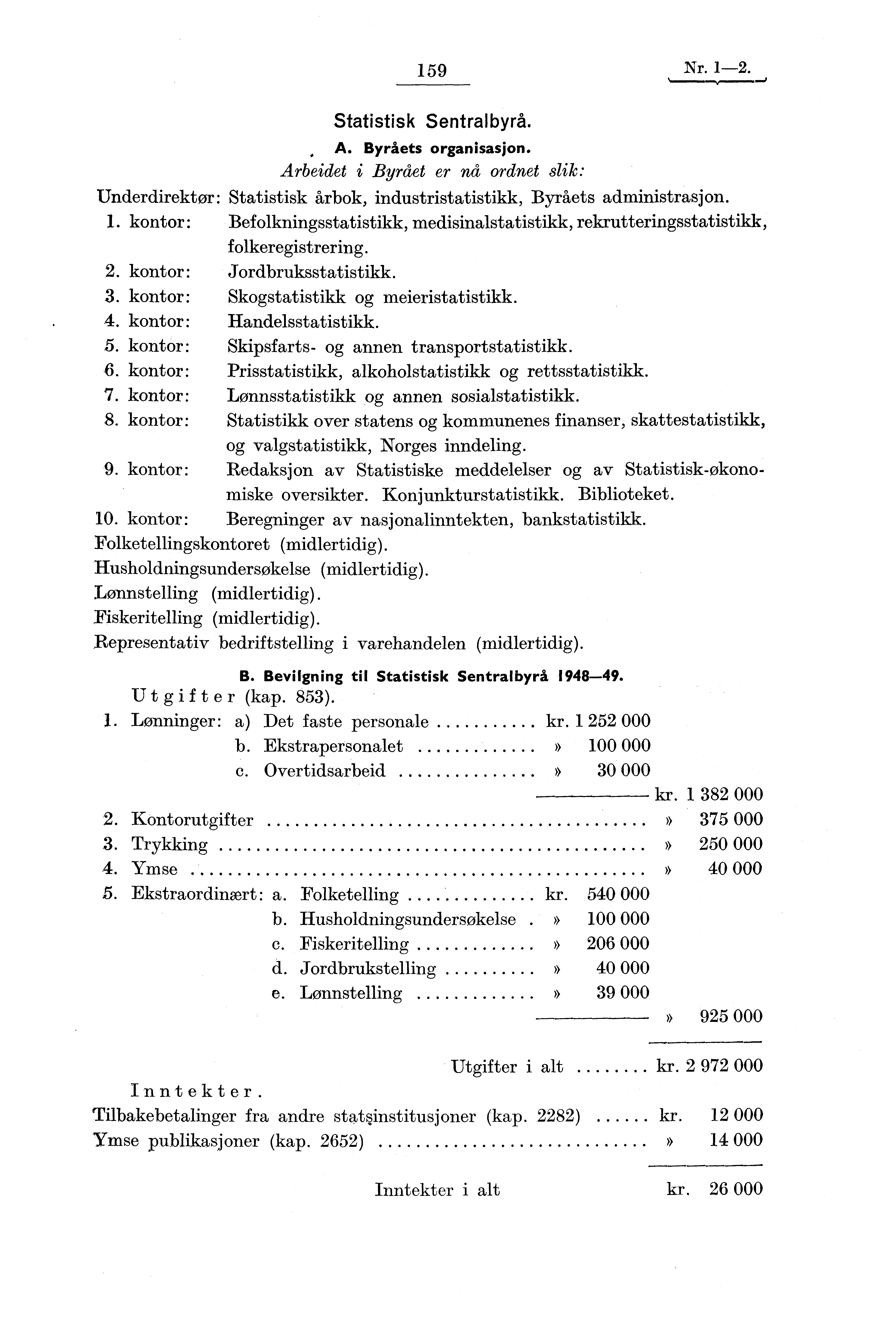 Underdirektør: 1. kontor: 2. kontor: 3. kontor: 4. kontor: 5. kontor: 6. kontor: 7. kontor: 8. kontor: 9. kontor: 159 Nr. 1-2. Statistisk Sentralbyrå. A. Byråets organisasjon.